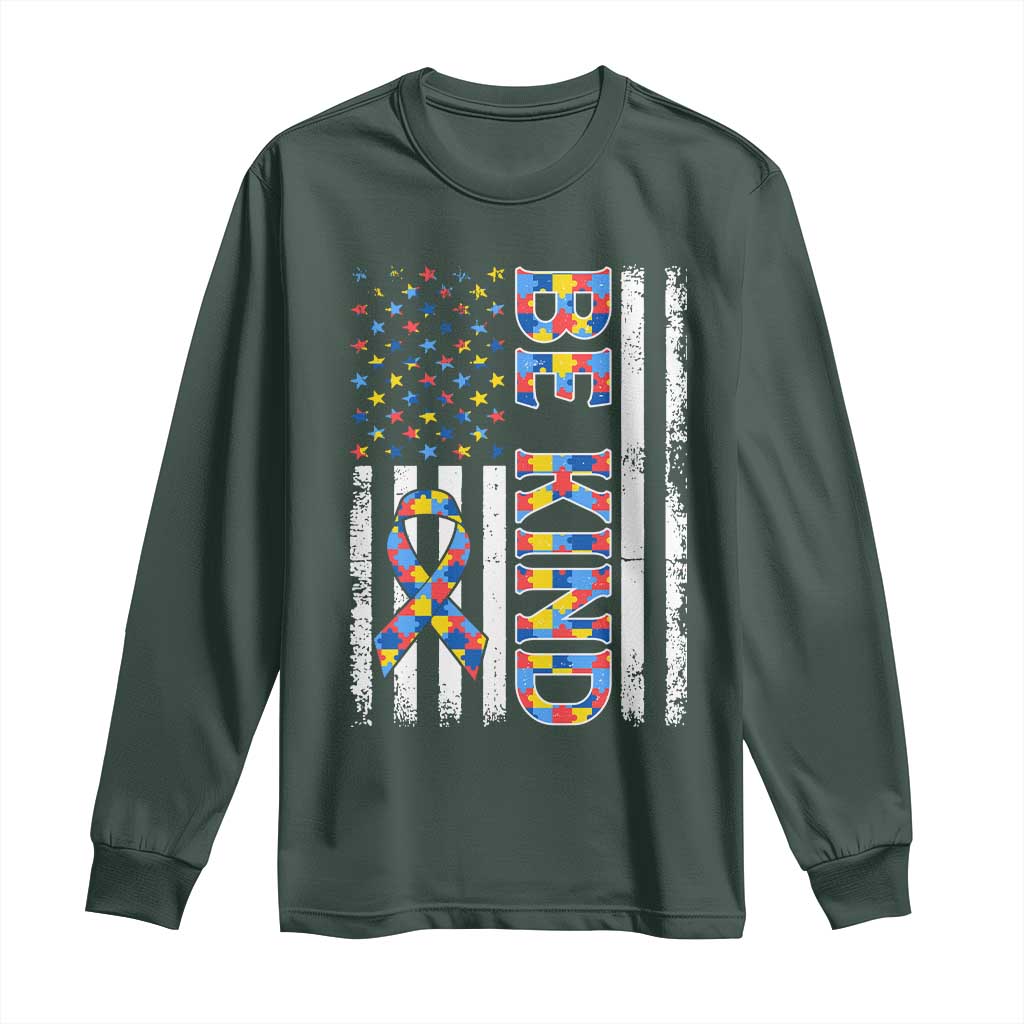 Be Kind Autism Long Sleeve Shirt USA flag Autistic Support TS10 Dark Forest Green Print Your Wear