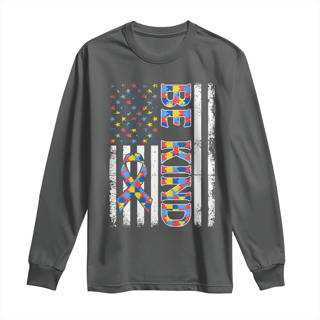Be Kind Autism Long Sleeve Shirt USA flag Autistic Support TS10 Dark Heather Print Your Wear