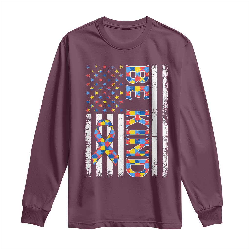 Be Kind Autism Long Sleeve Shirt USA flag Autistic Support TS10 Maroon Print Your Wear