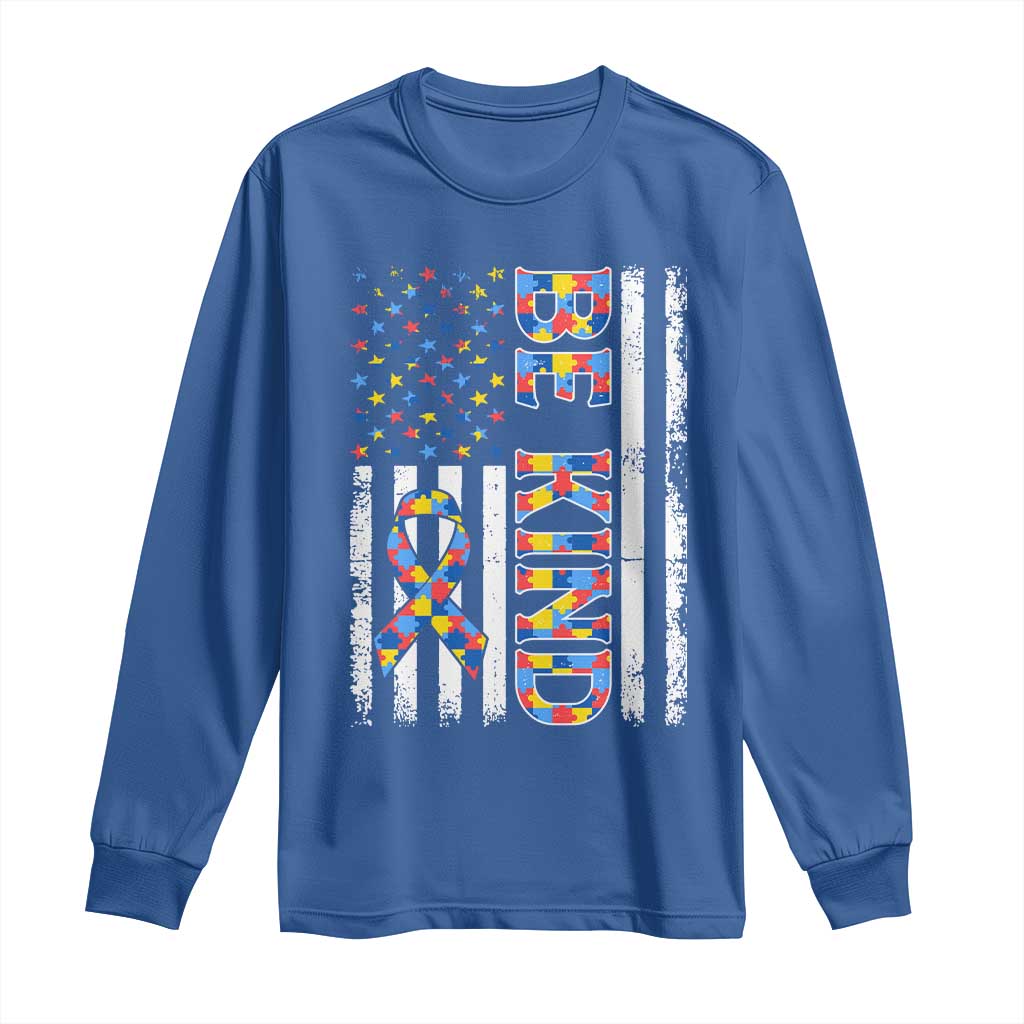 Be Kind Autism Long Sleeve Shirt USA flag Autistic Support TS10 Royal Blue Print Your Wear