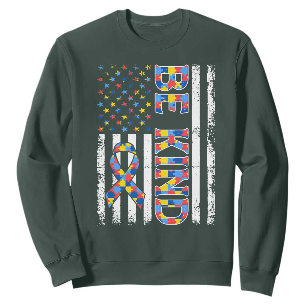 Be Kind Autism Sweatshirt USA flag Autistic Support TS10 Dark Forest Green Print Your Wear