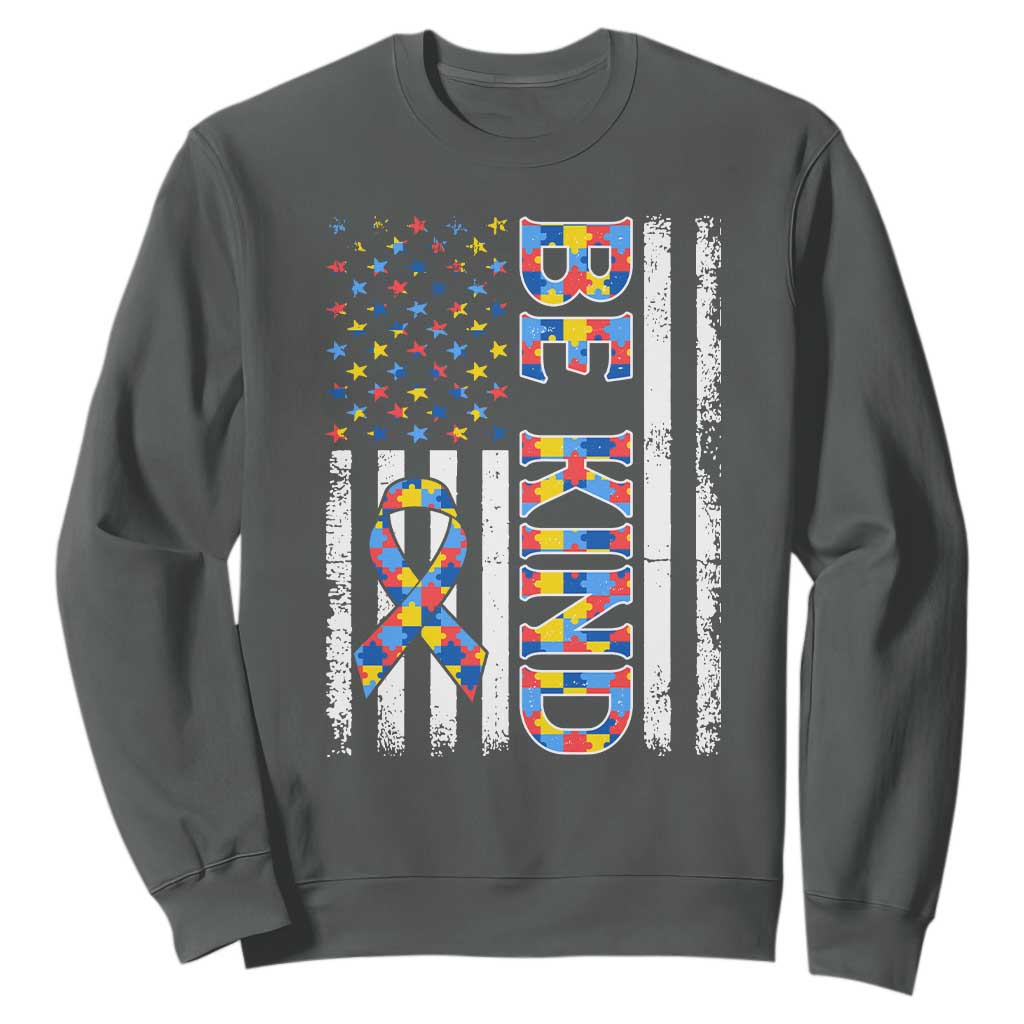 Be Kind Autism Sweatshirt USA flag Autistic Support TS10 Dark Heather Print Your Wear