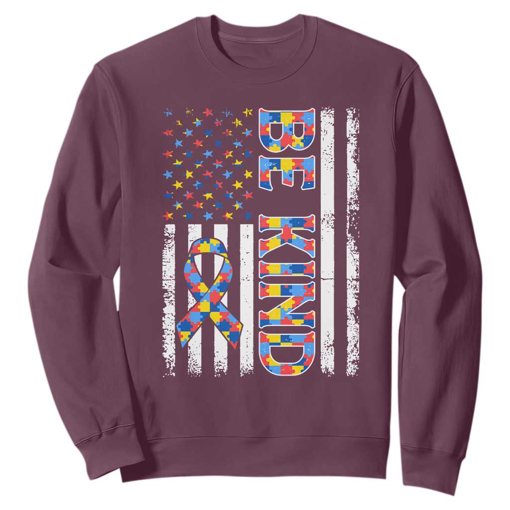 Be Kind Autism Sweatshirt USA flag Autistic Support TS10 Maroon Print Your Wear