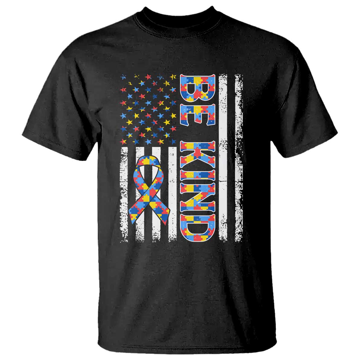 Be Kind Autism T Shirt USA flag Autistic Support TS10 Black Print Your Wear