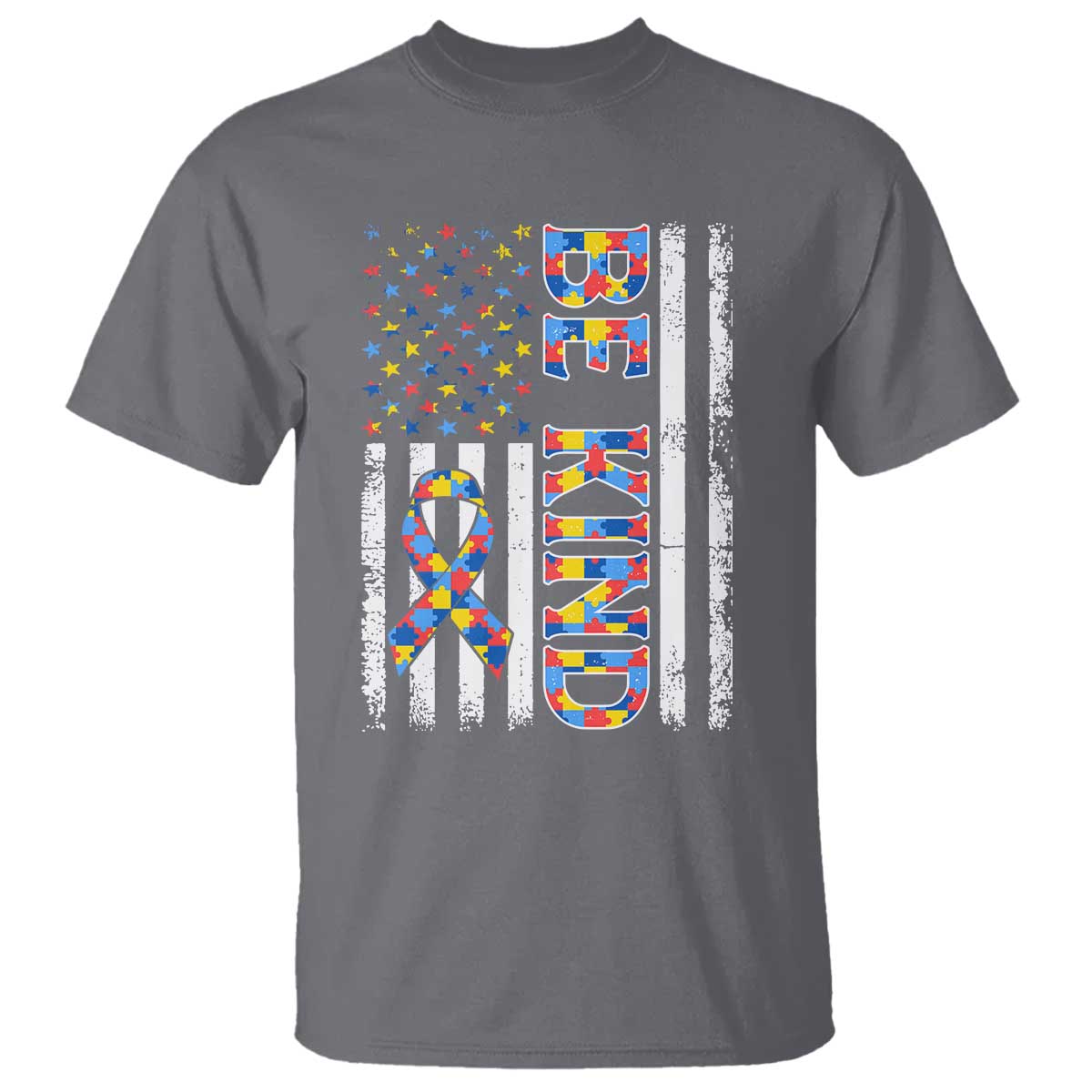 Be Kind Autism T Shirt USA flag Autistic Support TS10 Charcoal Print Your Wear