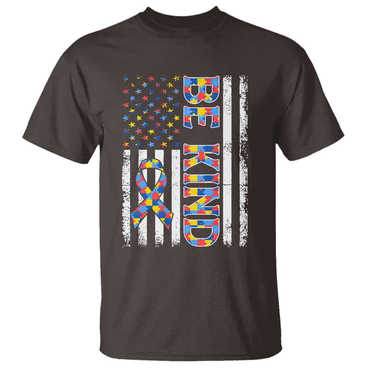 Be Kind Autism T Shirt USA flag Autistic Support TS10 Dark Chocolate Print Your Wear