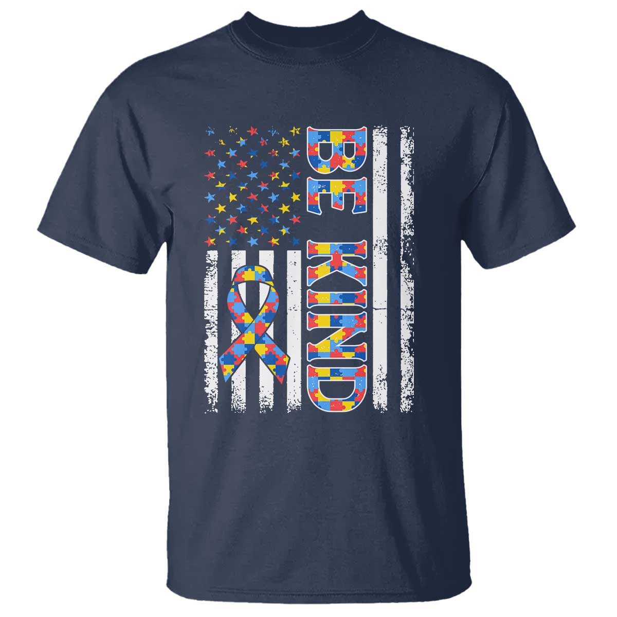 Be Kind Autism T Shirt USA flag Autistic Support TS10 Navy Print Your Wear