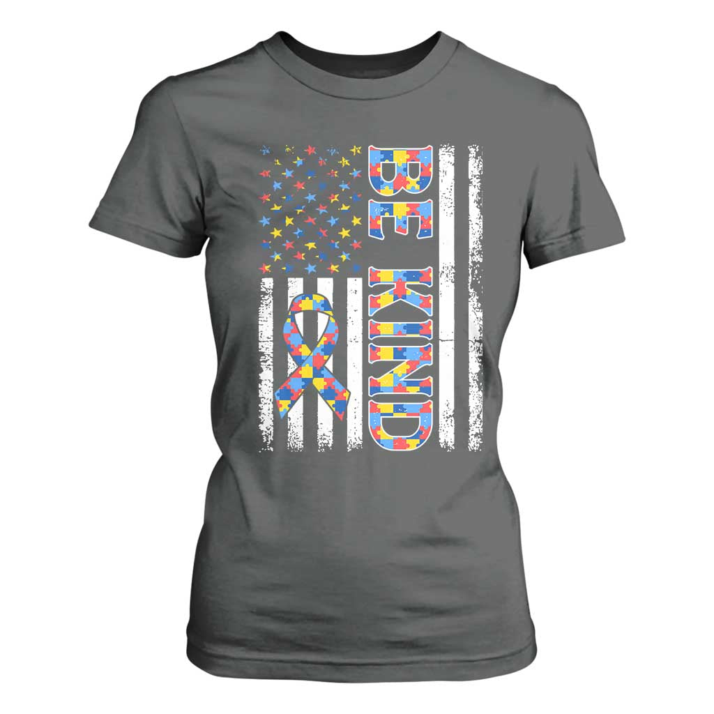 Be Kind Autism T Shirt For Women USA flag Autistic Support TS10 Dark Heather Print Your Wear