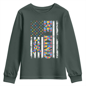 Be Kind Autism Youth Sweatshirt USA flag Autistic Support TS10 Dark Forest Green Print Your Wear
