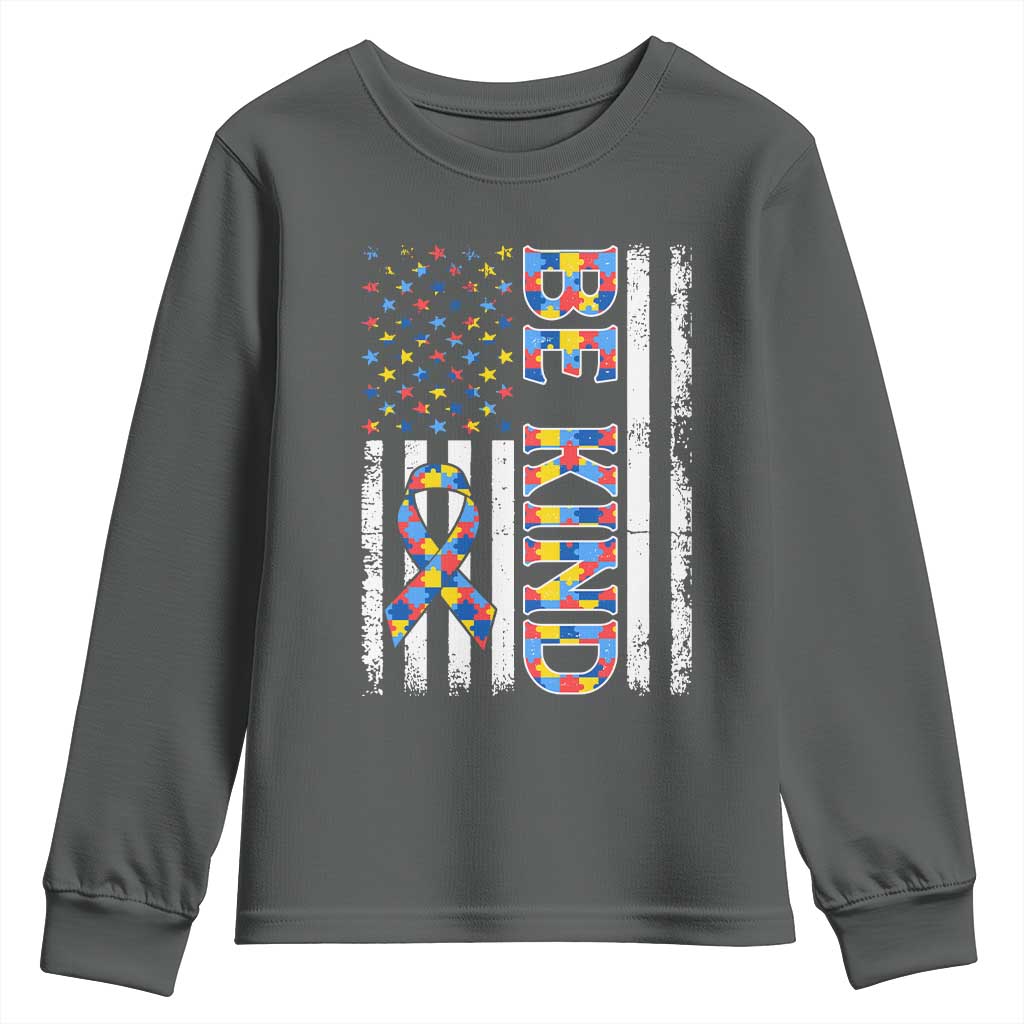 Be Kind Autism Youth Sweatshirt USA flag Autistic Support TS10 Dark Heather Print Your Wear