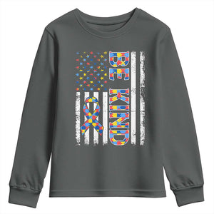 Be Kind Autism Youth Sweatshirt USA flag Autistic Support TS10 Dark Heather Print Your Wear