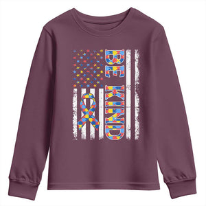 Be Kind Autism Youth Sweatshirt USA flag Autistic Support TS10 Maroon Print Your Wear