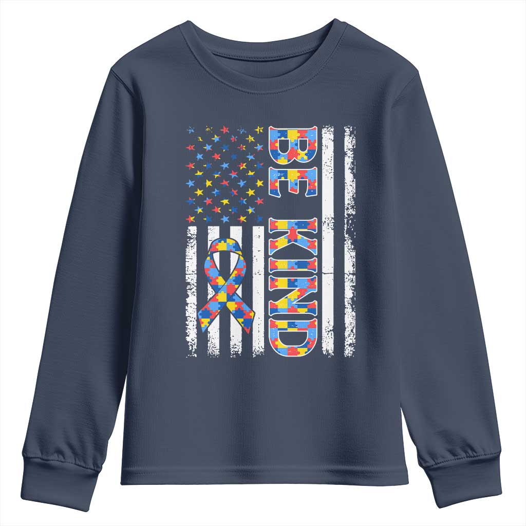 Be Kind Autism Youth Sweatshirt USA flag Autistic Support TS10 Navy Print Your Wear