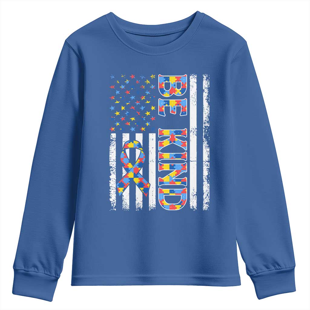 Be Kind Autism Youth Sweatshirt USA flag Autistic Support TS10 Royal Blue Print Your Wear