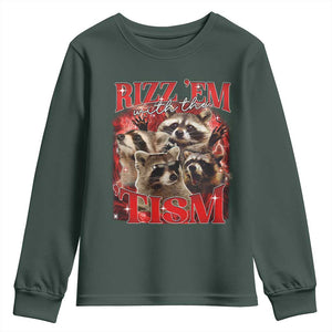Autism Funny Youth Sweatshirt Rizz Em With The Tism Meme Autistic Racoon TS10 Dark Forest Green Print Your Wear