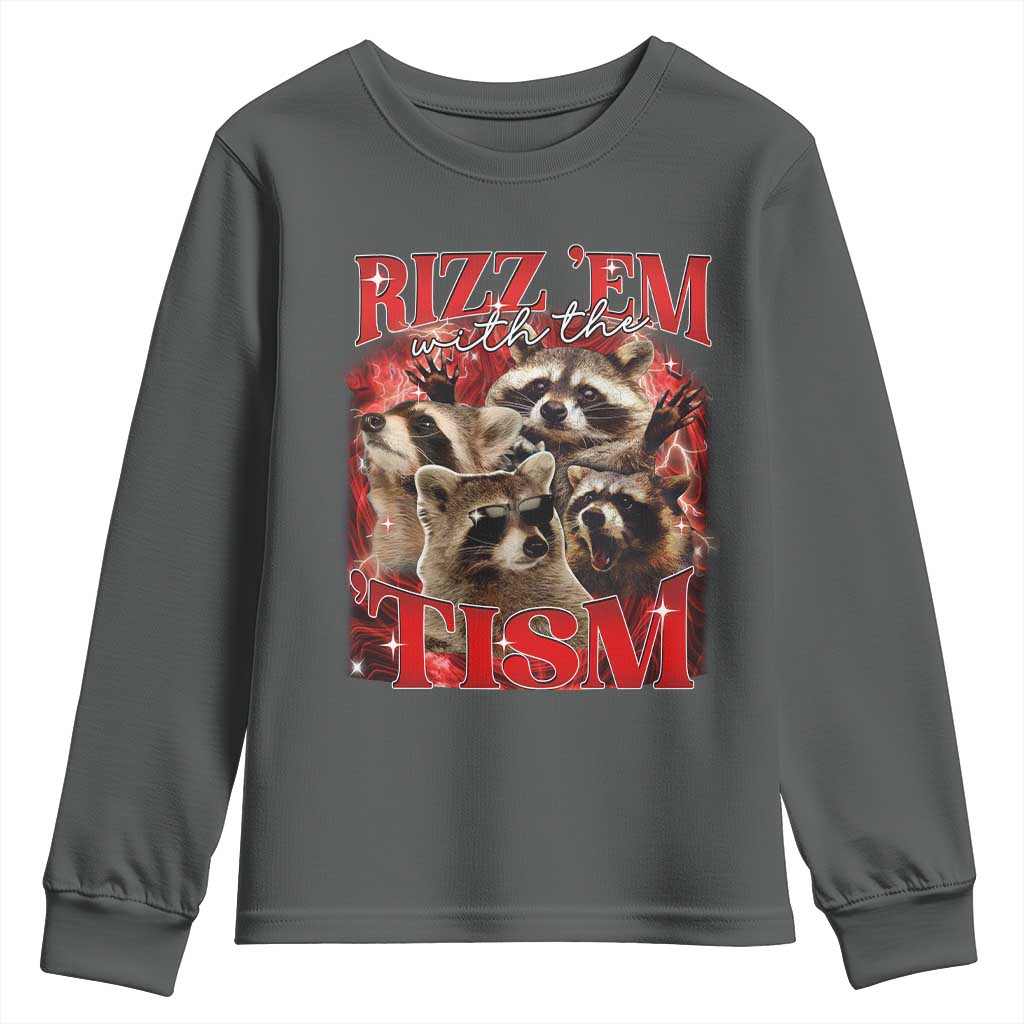 Autism Funny Youth Sweatshirt Rizz Em With The Tism Meme Autistic Racoon TS10 Dark Heather Print Your Wear