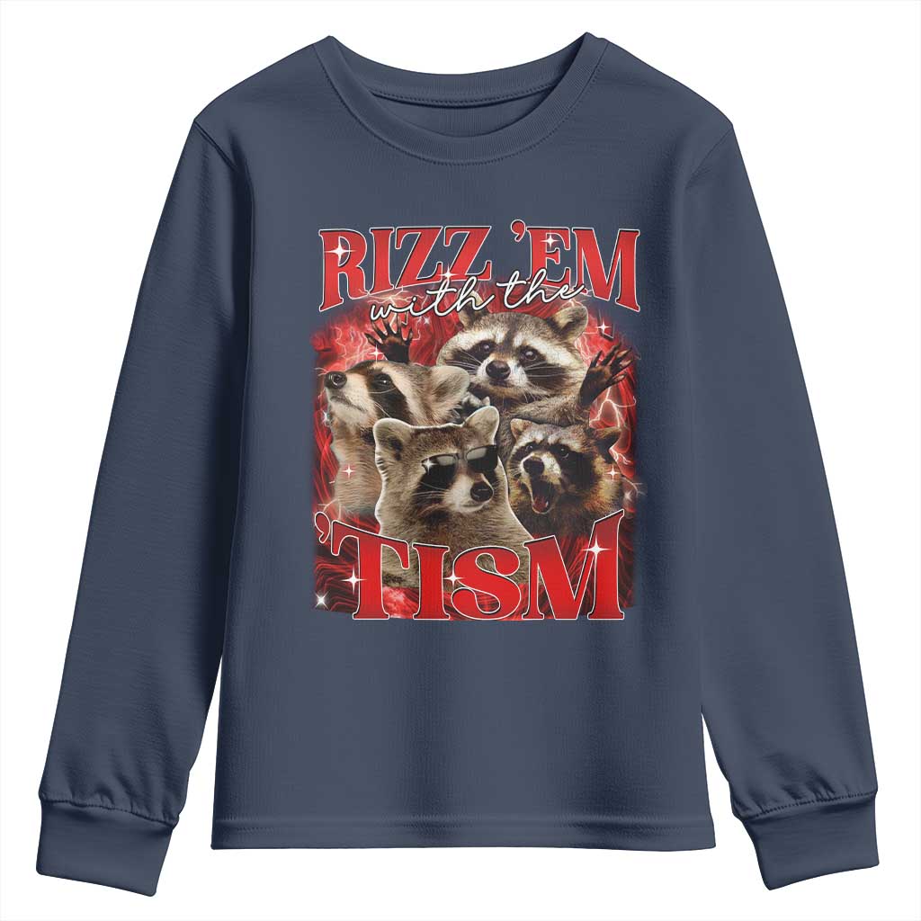 Autism Funny Youth Sweatshirt Rizz Em With The Tism Meme Autistic Racoon TS10 Navy Print Your Wear