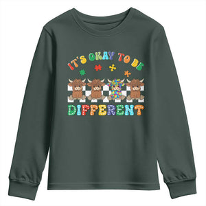 Its Okay To Be Different Autism Awareness Youth Sweatshirt Autistic Cow Positivity Vibe TS10 Dark Forest Green Print Your Wear