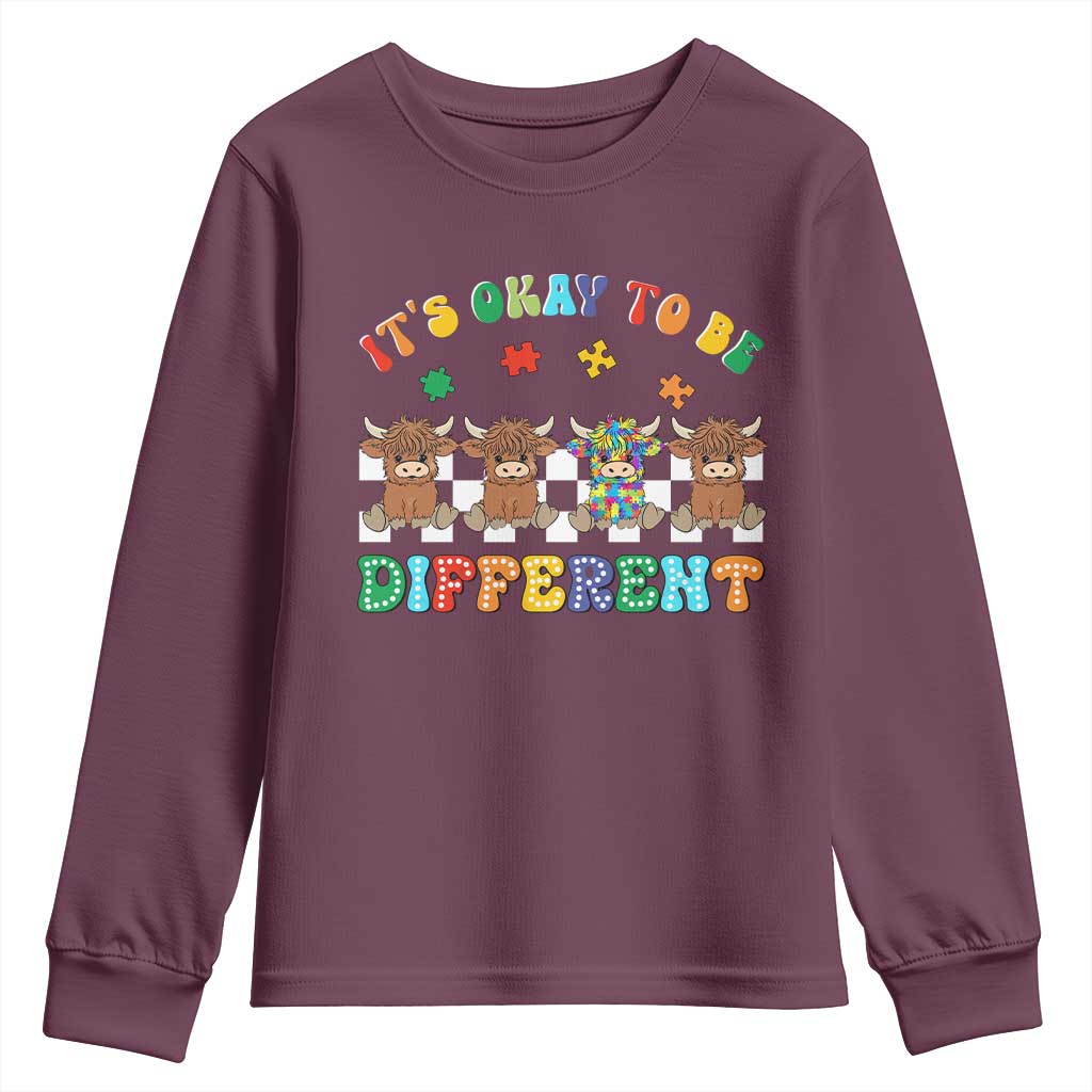 Its Okay To Be Different Autism Awareness Youth Sweatshirt Autistic Cow Positivity Vibe TS10 Maroon Print Your Wear