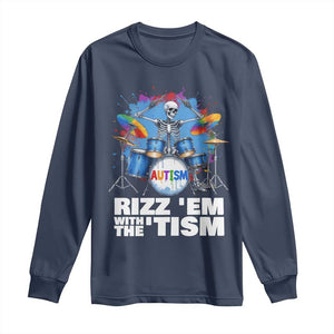 Autism Skeleton Meme Long Sleeve Shirt Rizz Em With The Tism Meme Autistic Drummer TS10 Navy Print Your Wear