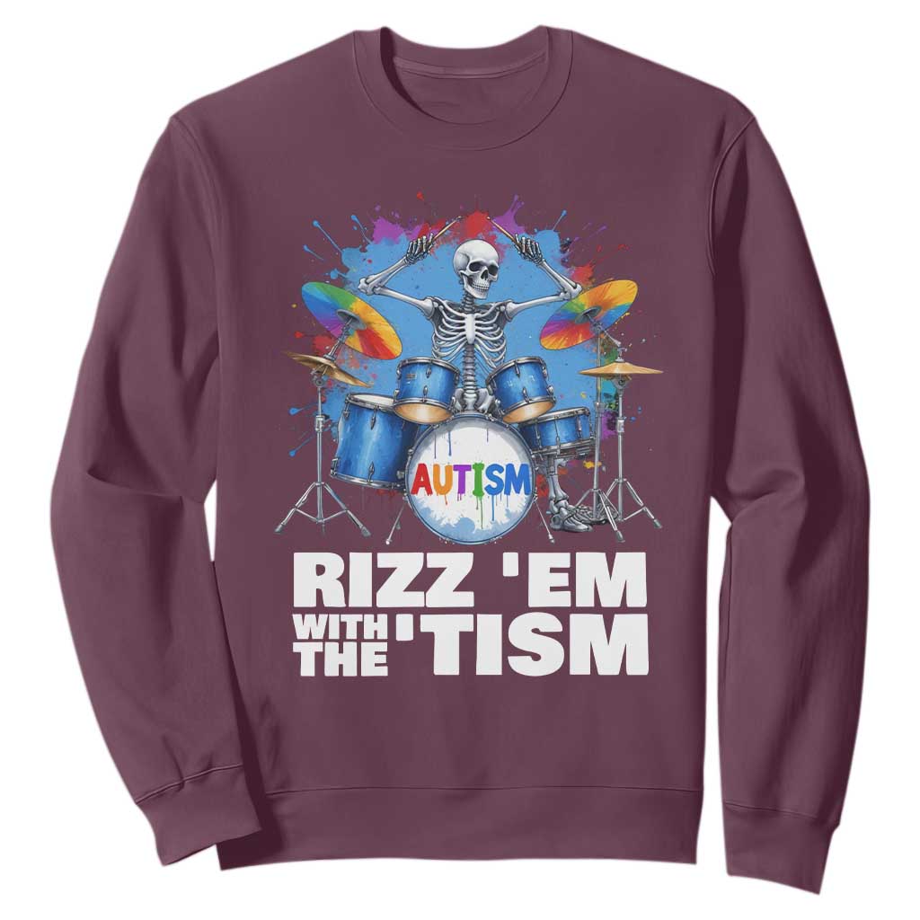 Autism Skeleton Meme Sweatshirt Rizz Em With The Tism Meme Autistic Drummer TS10 Maroon Print Your Wear