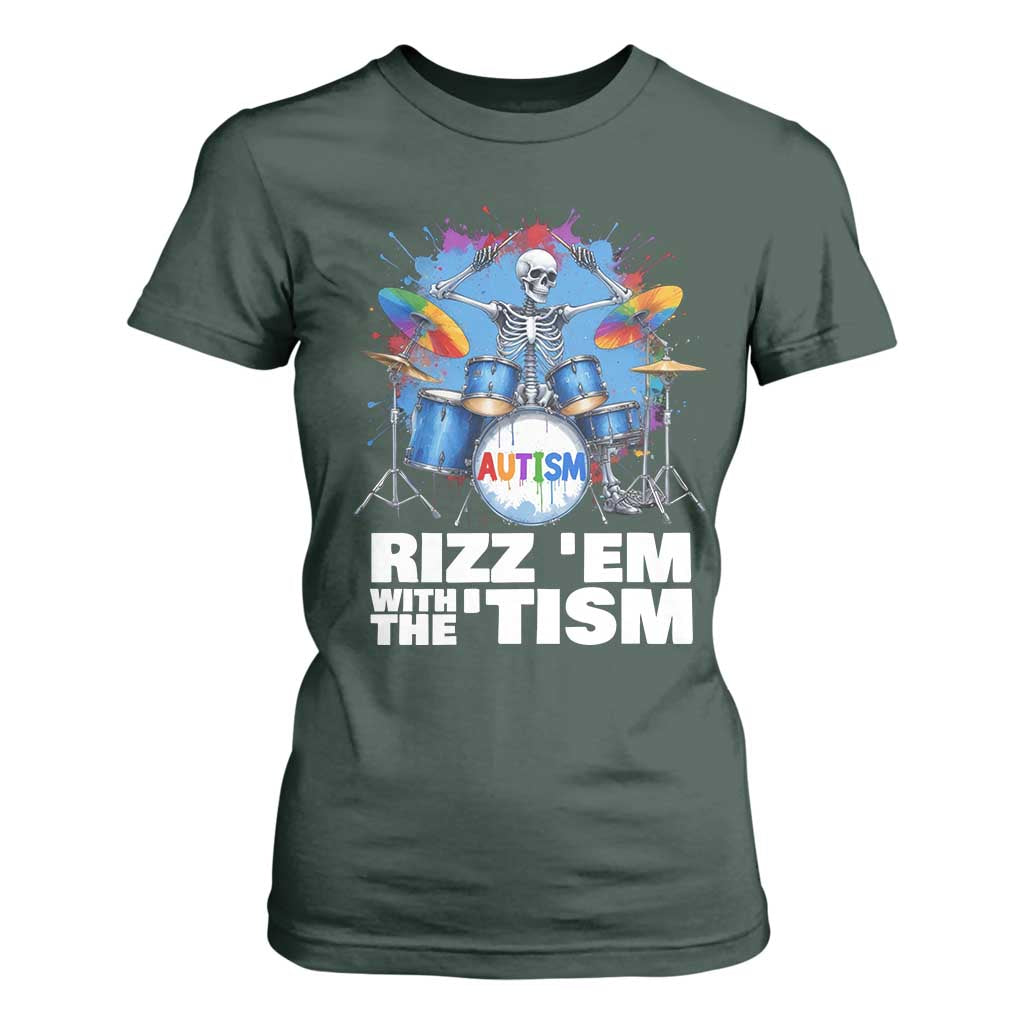 Autism Skeleton Meme T Shirt For Women Rizz Em With The Tism Meme Autistic Drummer TS10 Dark Forest Green Print Your Wear