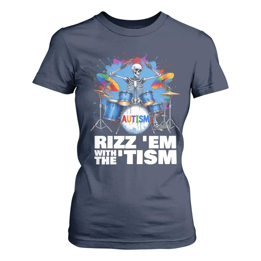 Autism Skeleton Meme T Shirt For Women Rizz Em With The Tism Meme Autistic Drummer TS10 Navy Print Your Wear