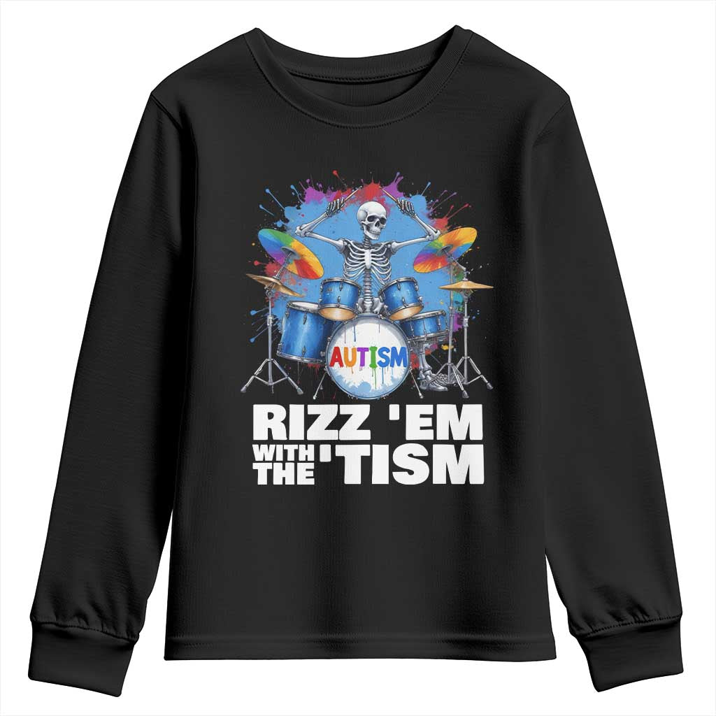 Autism Skeleton Meme Youth Sweatshirt Rizz Em With The Tism Meme Autistic Drummer TS10 Black Print Your Wear