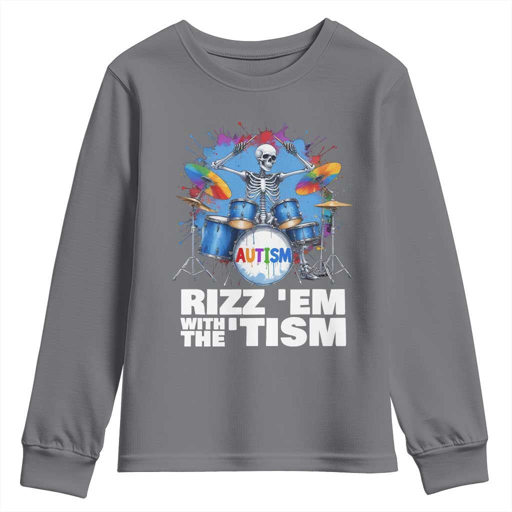 Autism Skeleton Meme Youth Sweatshirt Rizz Em With The Tism Meme Autistic Drummer TS10 Charcoal Print Your Wear