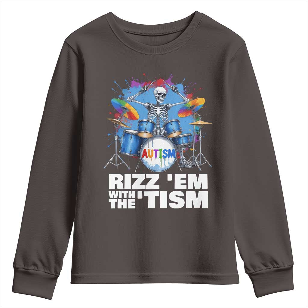 Autism Skeleton Meme Youth Sweatshirt Rizz Em With The Tism Meme Autistic Drummer TS10 Dark Chocolate Print Your Wear