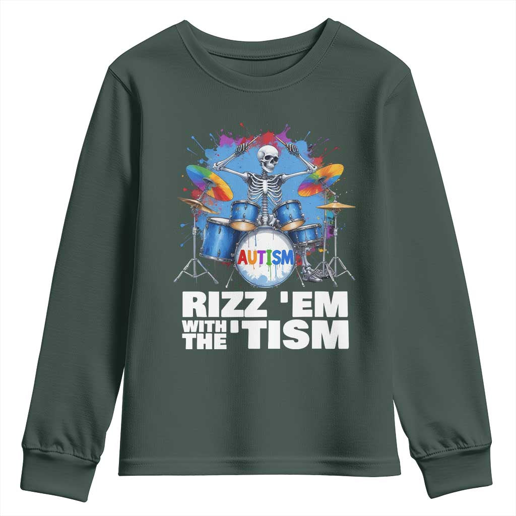 Autism Skeleton Meme Youth Sweatshirt Rizz Em With The Tism Meme Autistic Drummer TS10 Dark Forest Green Print Your Wear