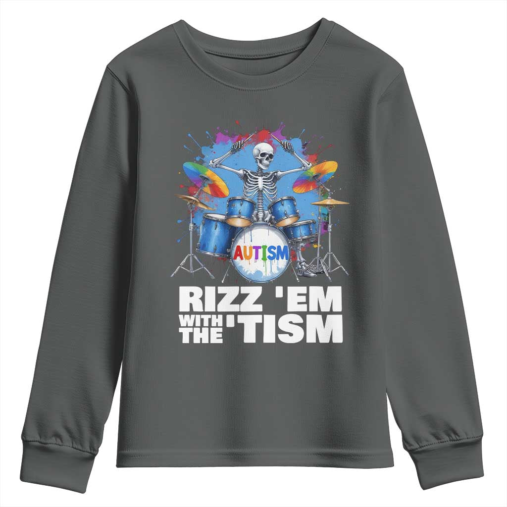 Autism Skeleton Meme Youth Sweatshirt Rizz Em With The Tism Meme Autistic Drummer TS10 Dark Heather Print Your Wear