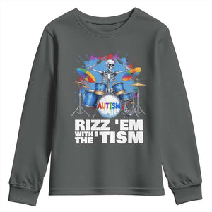 Autism Skeleton Meme Youth Sweatshirt Rizz Em With The Tism Meme Autistic Drummer TS10 Dark Heather Print Your Wear