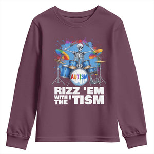 Autism Skeleton Meme Youth Sweatshirt Rizz Em With The Tism Meme Autistic Drummer TS10 Maroon Print Your Wear