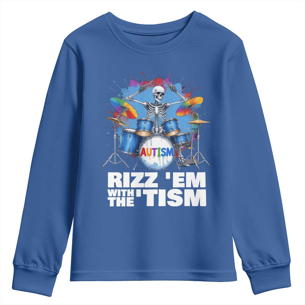 Autism Skeleton Meme Youth Sweatshirt Rizz Em With The Tism Meme Autistic Drummer TS10 Royal Blue Print Your Wear