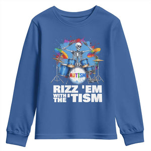 Autism Skeleton Meme Youth Sweatshirt Rizz Em With The Tism Meme Autistic Drummer TS10 Royal Blue Print Your Wear