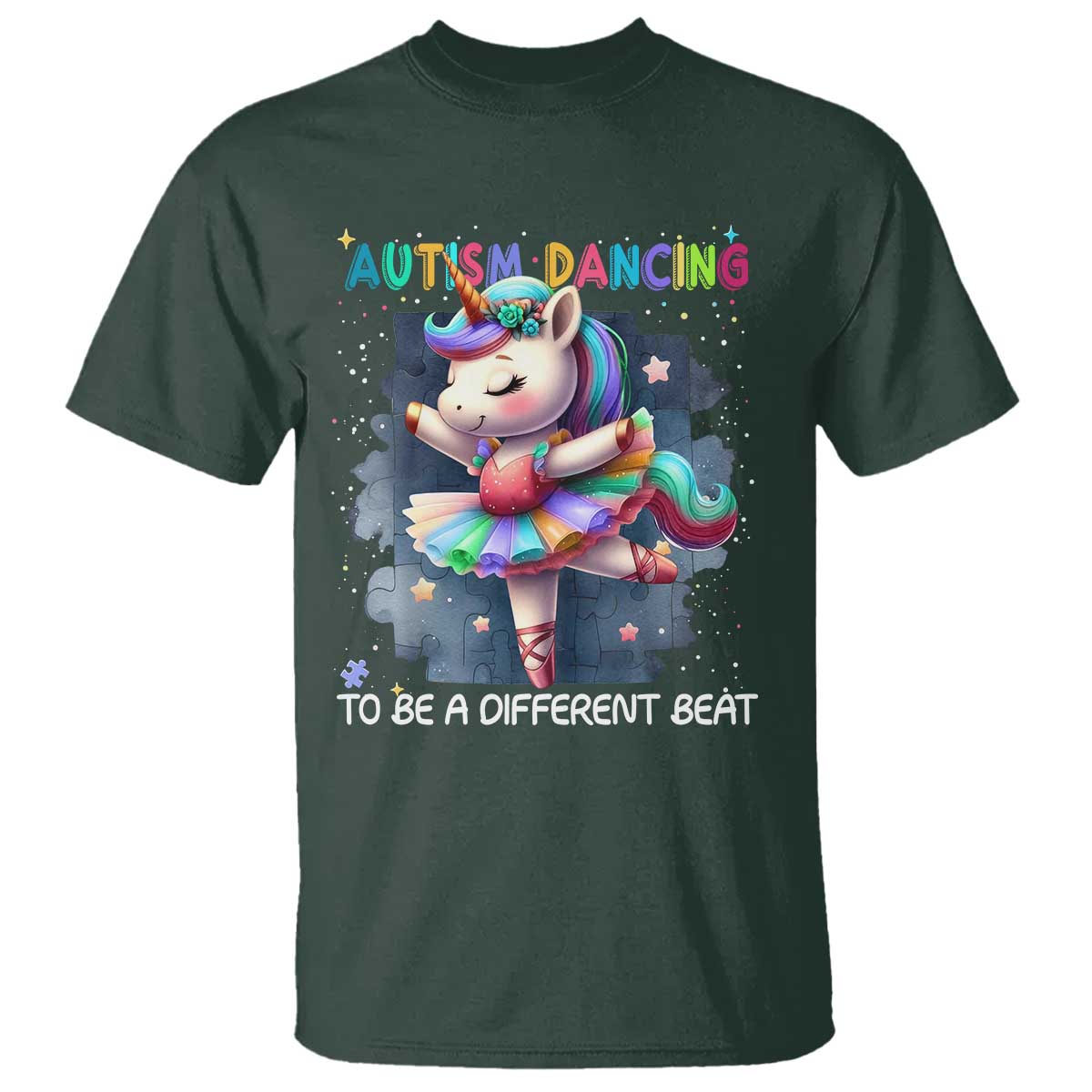 Autism Awareness Unicorn T Shirt Ballet Dancing To A Different Beat TS10 Dark Forest Green Print Your Wear
