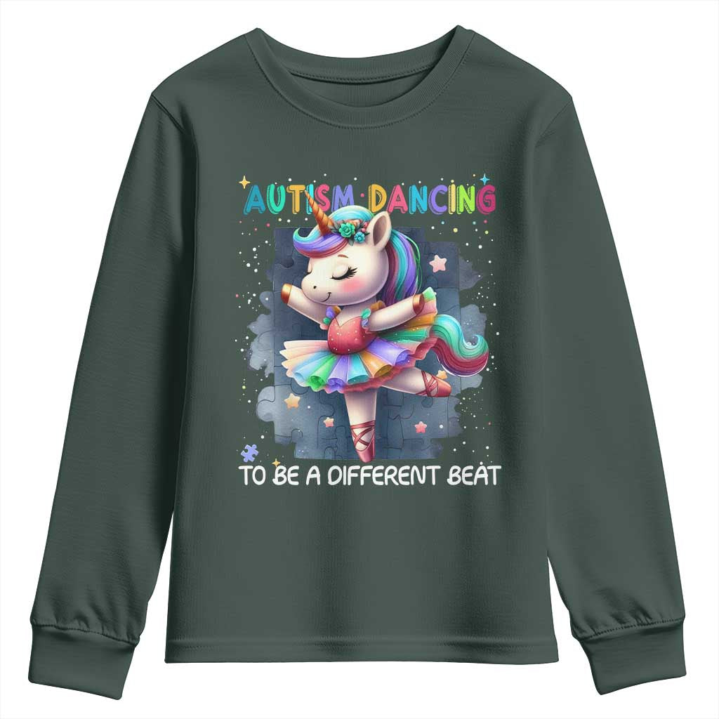 Autism Awareness Unicorn Youth Sweatshirt Ballet Dancing To A Different Beat TS10 Dark Forest Green Print Your Wear