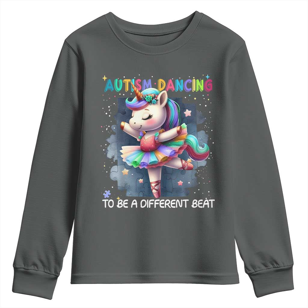 Autism Awareness Unicorn Youth Sweatshirt Ballet Dancing To A Different Beat TS10 Dark Heather Print Your Wear