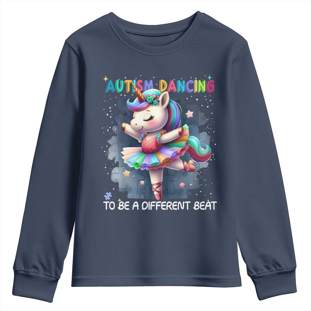 Autism Awareness Unicorn Youth Sweatshirt Ballet Dancing To A Different Beat TS10 Navy Print Your Wear