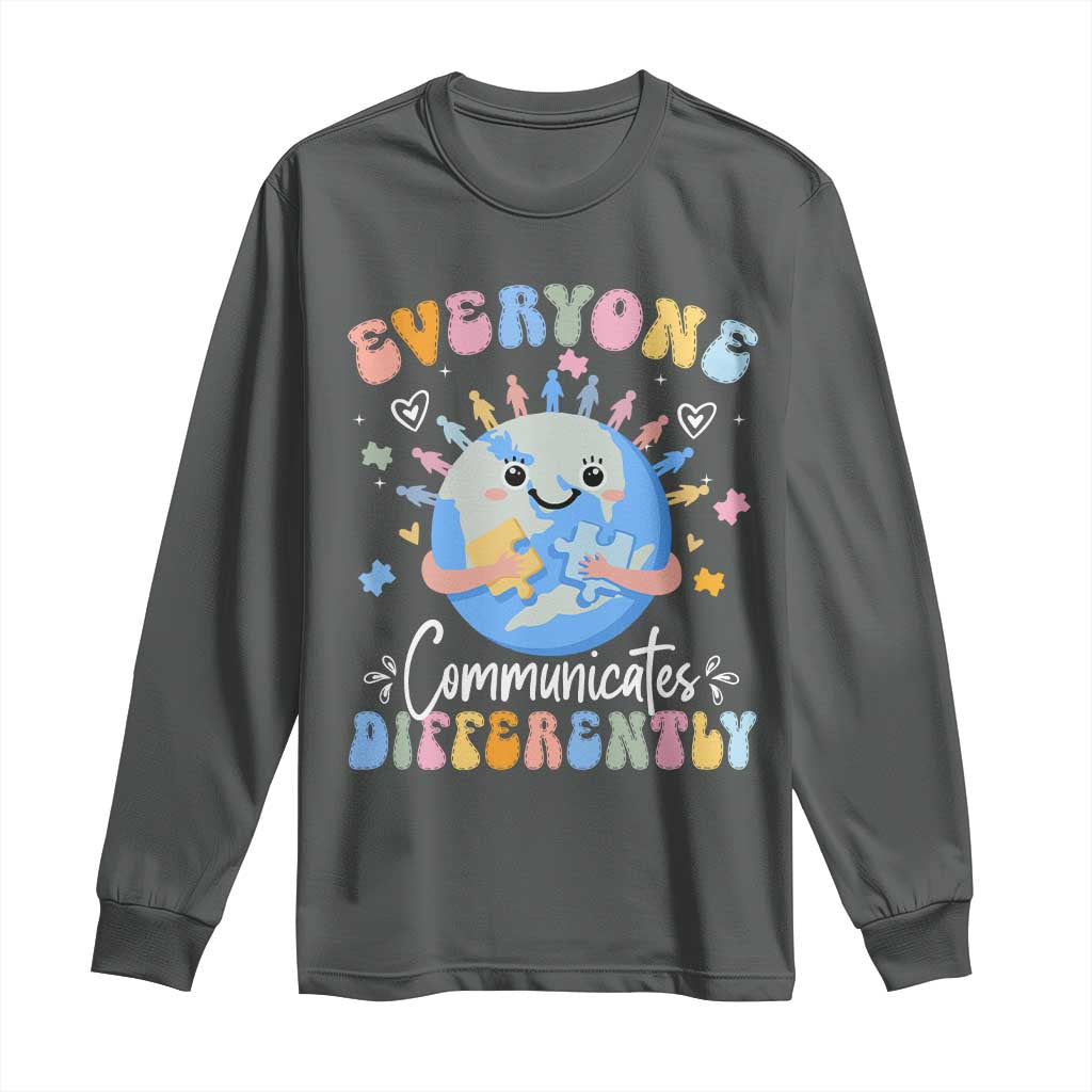 Autism Awareness Sped Teacher Long Sleeve Shirt Everyone Communicates Differently TS10 Dark Heather Print Your Wear