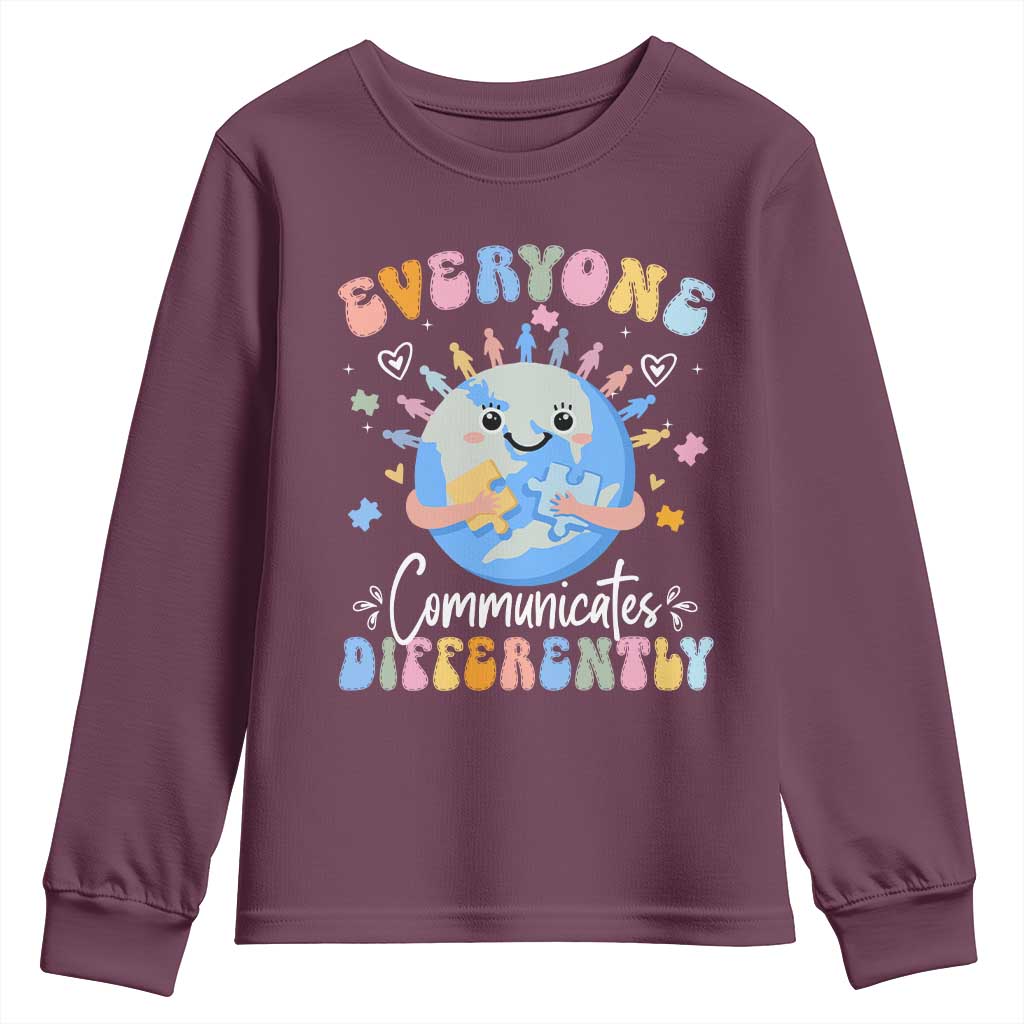 Autism Awareness Sped Teacher Youth Sweatshirt Everyone Communicates Differently TS10 Maroon Print Your Wear