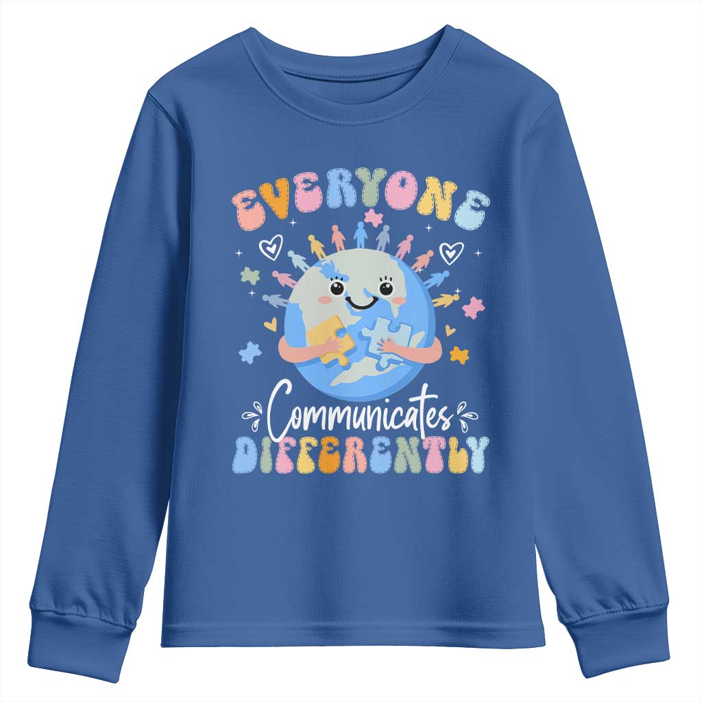 Autism Awareness Sped Teacher Youth Sweatshirt Everyone Communicates Differently TS10 Royal Blue Print Your Wear