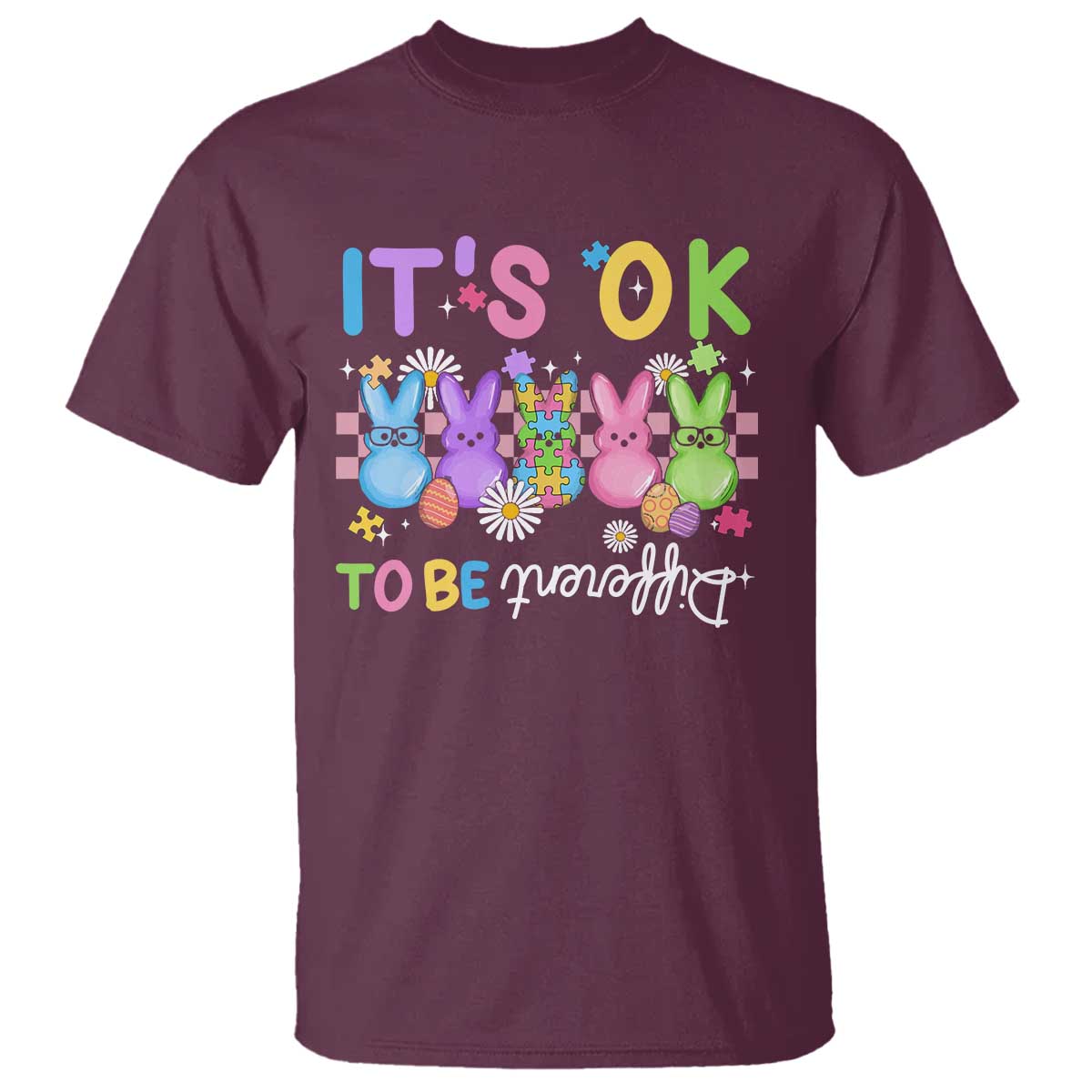 Its Okay To Be Different T Shirt Bunny Puzzle Autism Awareness Easter TS10 Maroon Print Your Wear