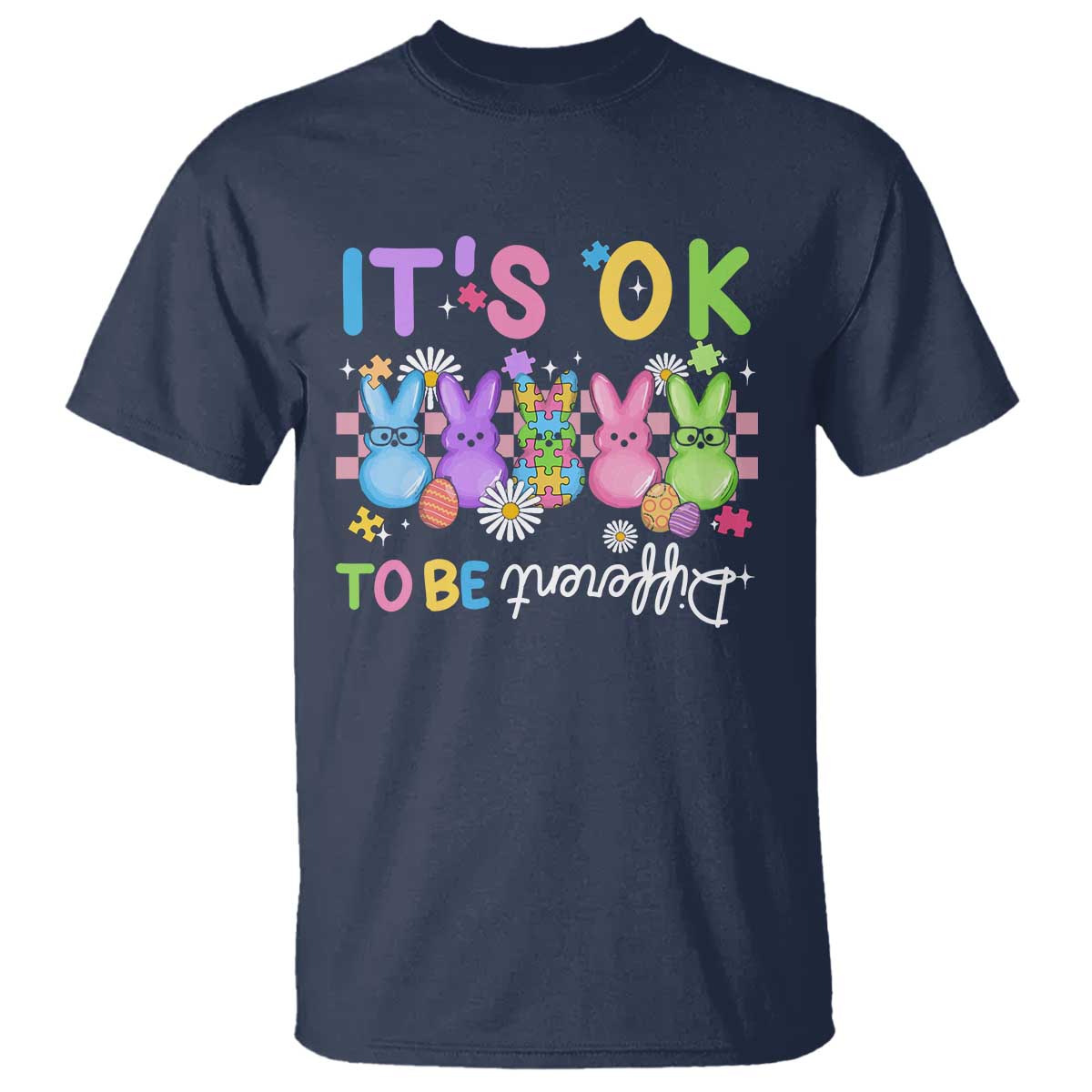 Its Okay To Be Different T Shirt Bunny Puzzle Autism Awareness Easter TS10 Navy Print Your Wear
