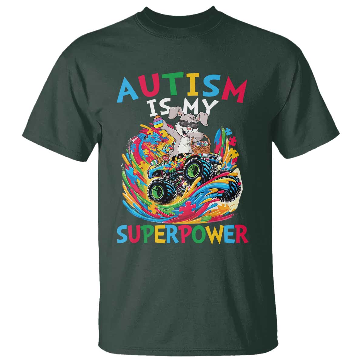 Autism Awareness Easter T Shirt Dabbing Bunny Monster Truck Lovers TS10 Dark Forest Green Print Your Wear