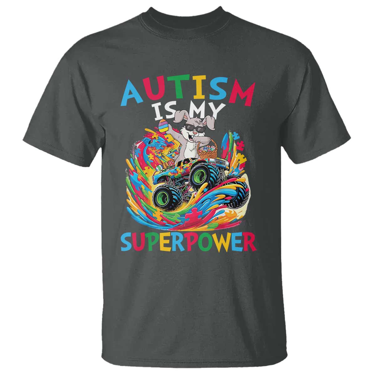 Autism Awareness Easter T Shirt Dabbing Bunny Monster Truck Lovers TS10 Dark Heather Print Your Wear