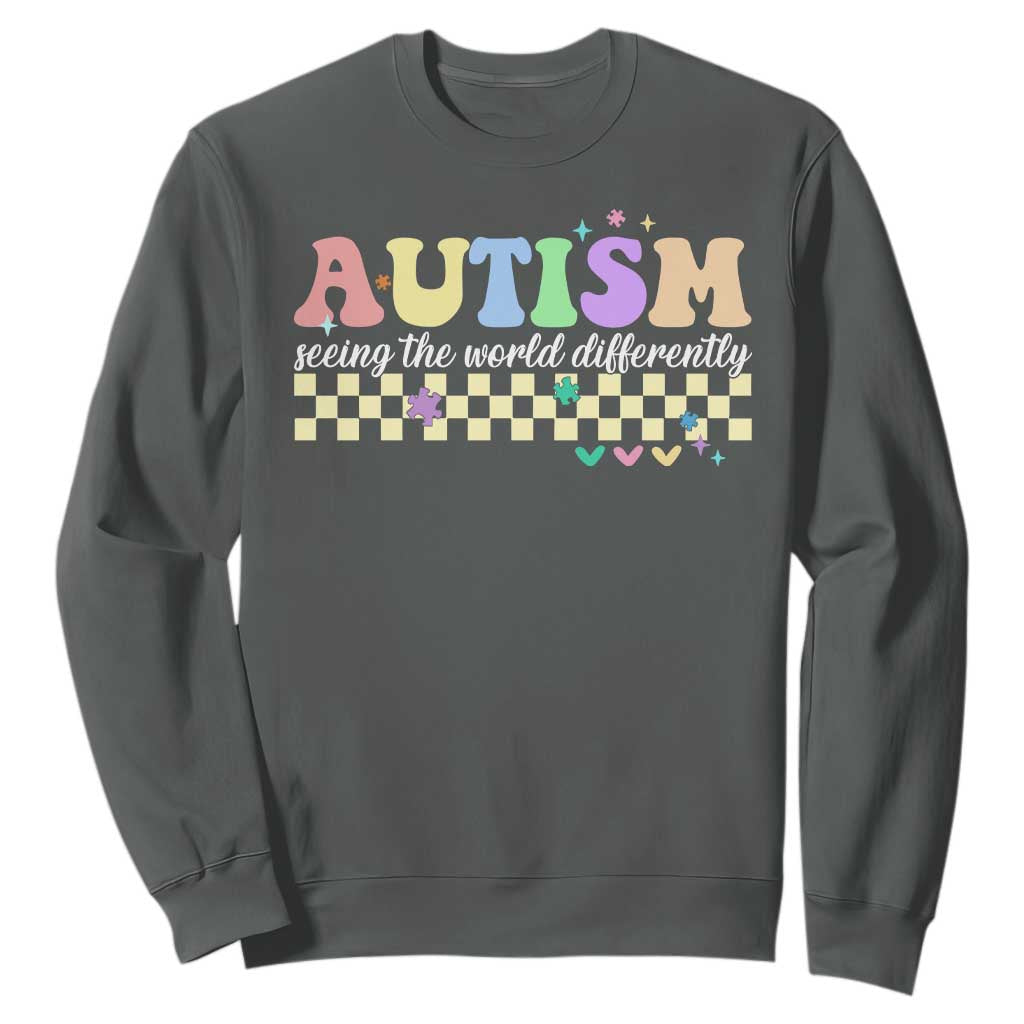 Autism Acceptance Month Sweatshirt Seeing the World Differently TS10 Dark Heather Print Your Wear