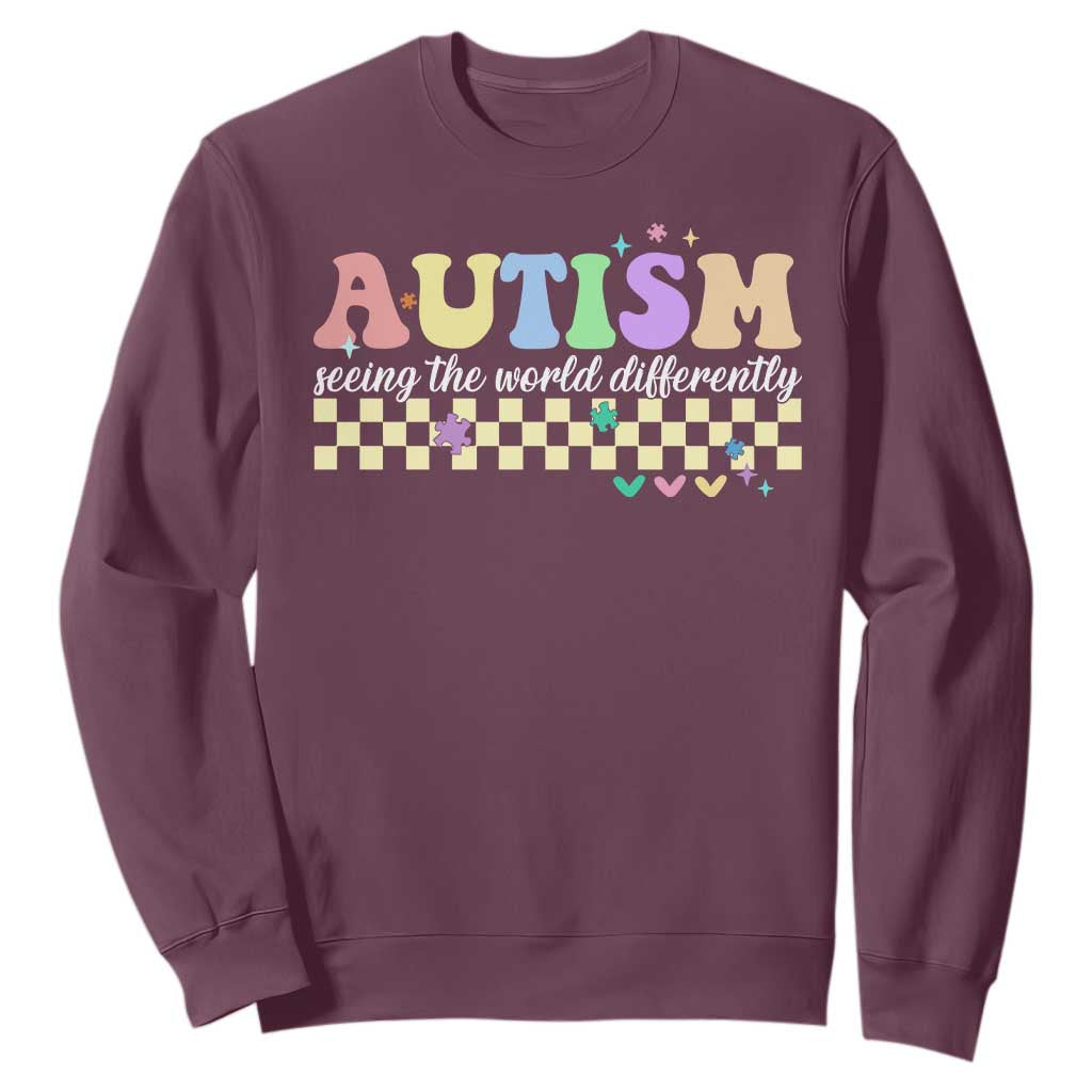 Autism Acceptance Month Sweatshirt Seeing the World Differently TS10 Maroon Print Your Wear