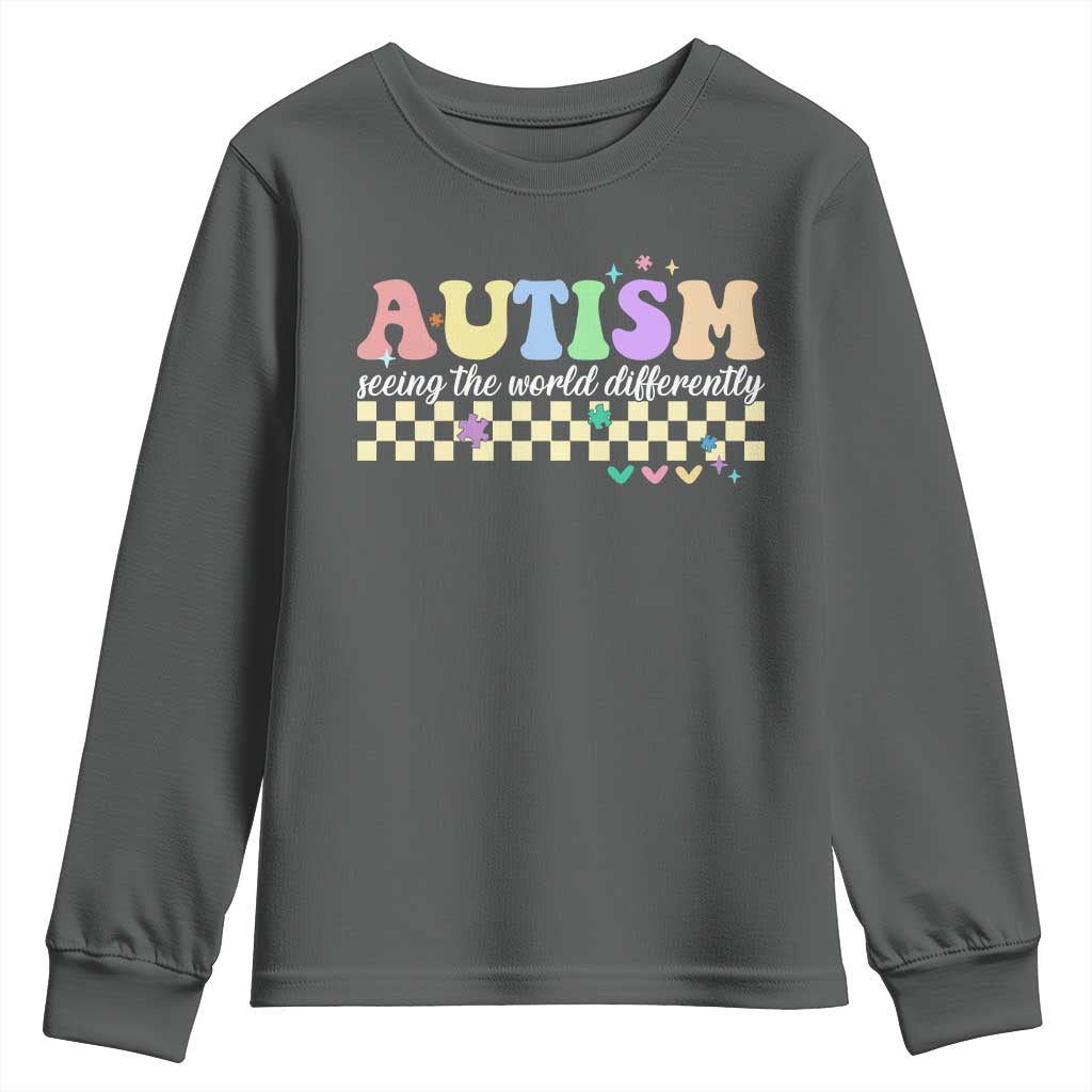 Autism Acceptance Month Youth Sweatshirt Seeing the World Differently TS10 Dark Heather Print Your Wear